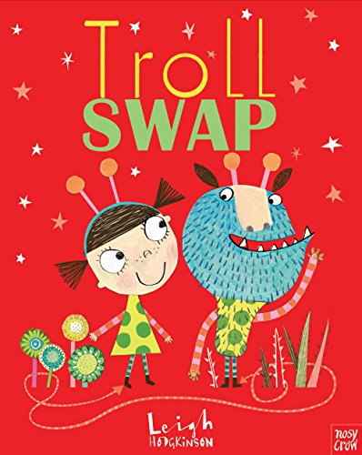 Book cover: girl and blue troll with stars on a red background.