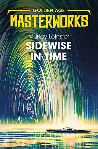 Book cover for “Sidewise in Time” with swirling colors and a small boat.