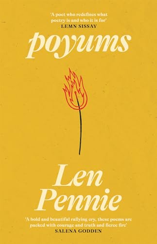 Yellow book cover with "poyums" title and a burning flower illustration.