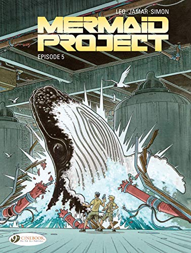 Comic book cover: whale surfacing near people and submarine structures.