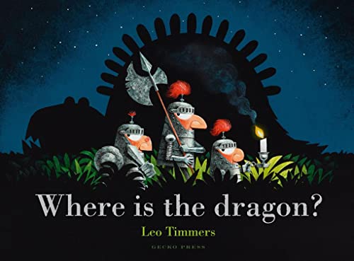 Three knights in armor search for a dragon in the dark forest at night.