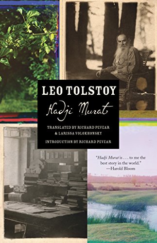 Book cover for Leo Tolstoy’s “Hadji Murat” with portrait and landscapes.
