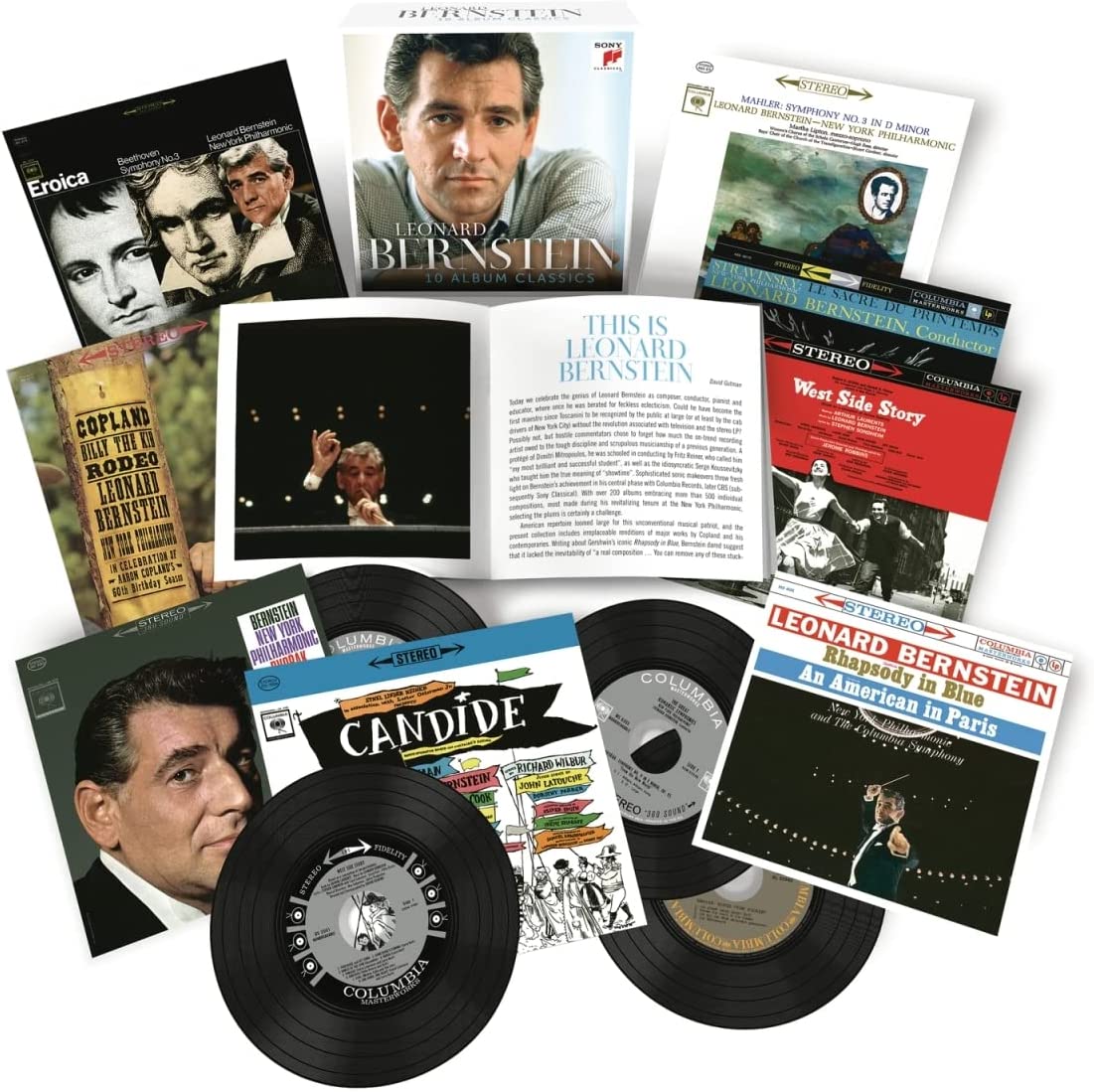 11CD box set of Leonard Bernstein’s classical music albums, front and side views.