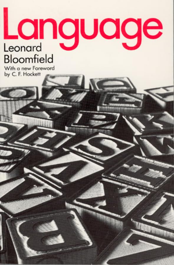 Book cover for "Language" by Leonard Bloomfield with scattered letter blocks.