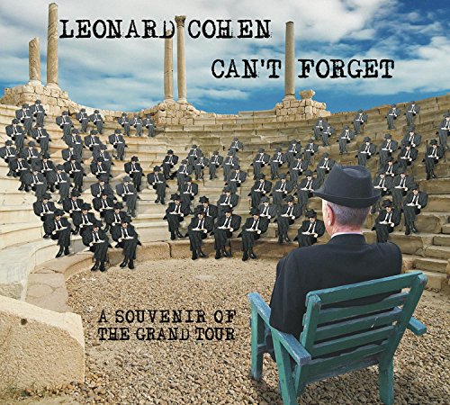 Leonard Cohen sits in a chair facing an amphitheater filled with many clones of himself.