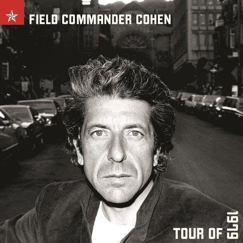 Black and white vinyl album cover featuring Leonard Cohen's portrait on a city street.