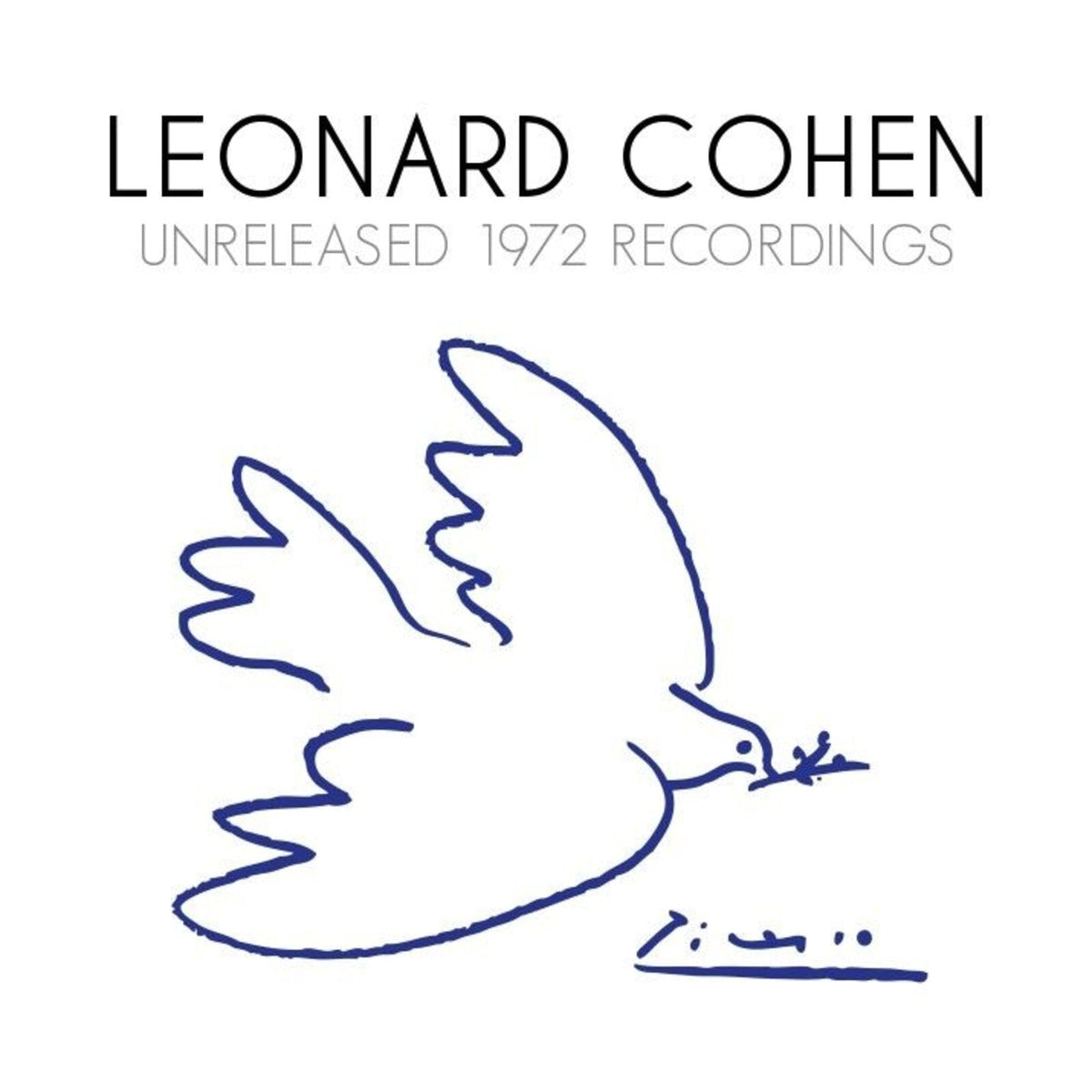 Album cover with Leonard Cohen text and a blue line drawing of a dove.