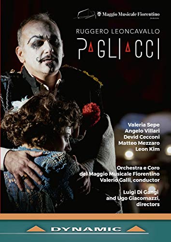 DVD cover for "Pagliacci" featuring a man holding a woman, with text overlay.