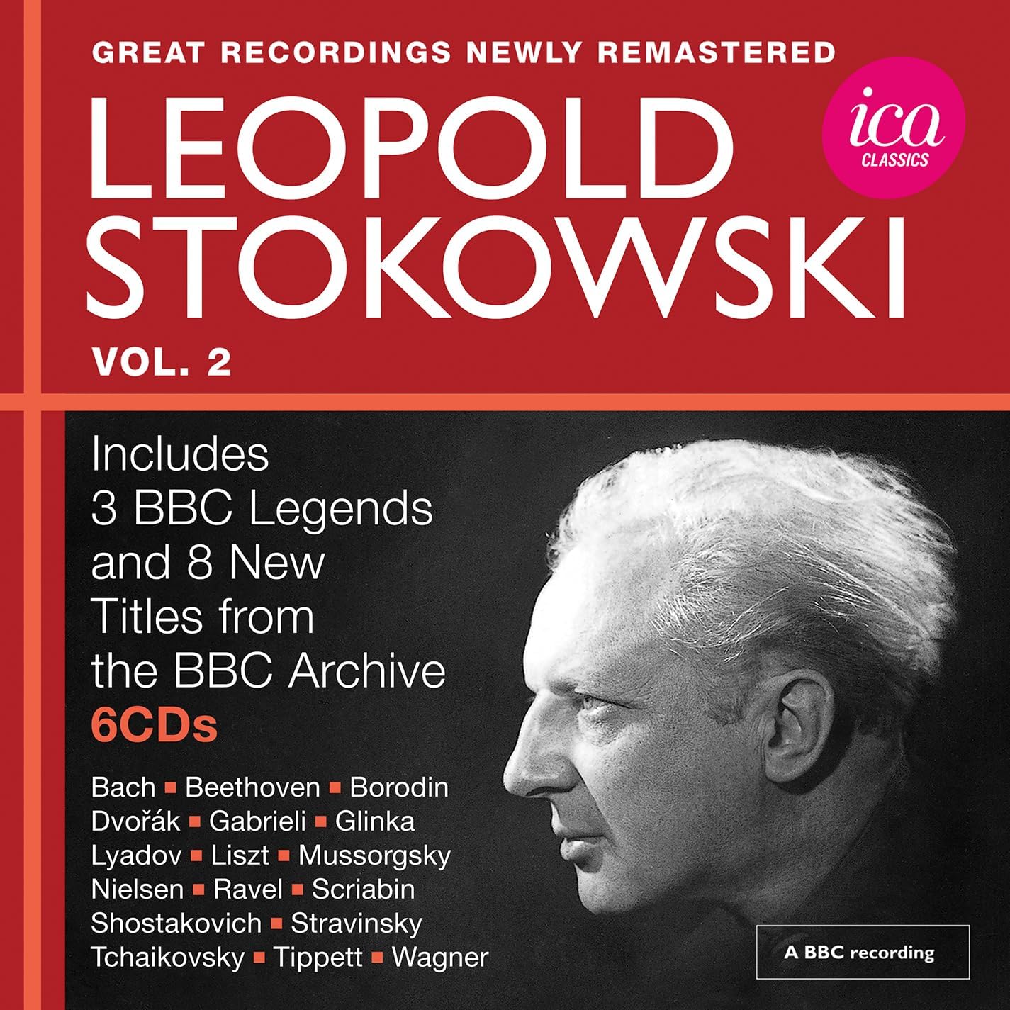 CD cover featuring portrait of conductor Leopold Stokowski, red and white text.