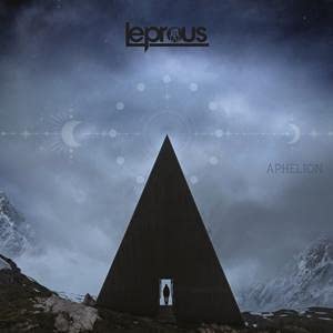 Leprous “Aphelion” album cover: pyramid, lone figure, and cloudy sky.