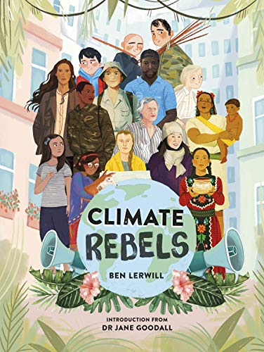 Book cover illustration featuring diverse people surrounding a globe with two large blue megaphones.