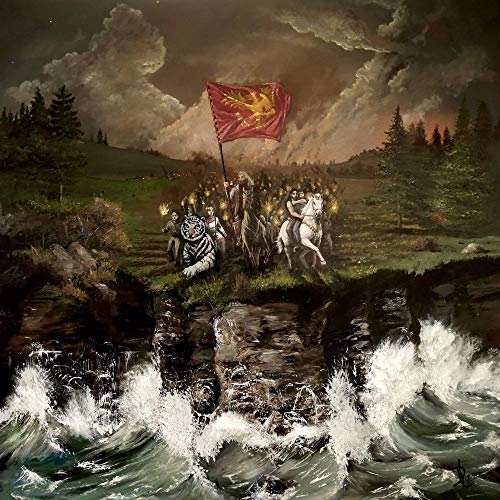 Painted album cover depicting a dramatic landscape with figures and a flag.