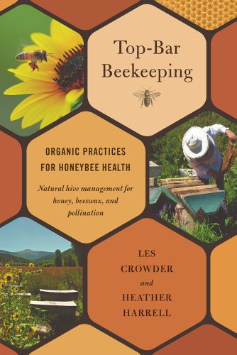 Book cover: "Top-Bar Beekeeping" with bees, sunflowers, and a beekeeper.