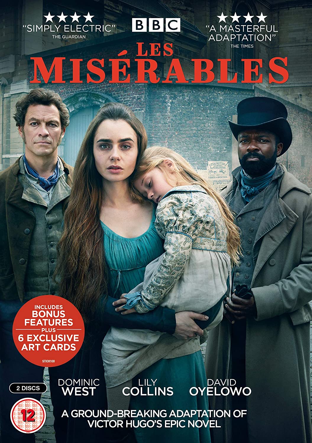 DVD cover for Les Misérables featuring Dominic West, Lily Collins, and David Oyelowo.