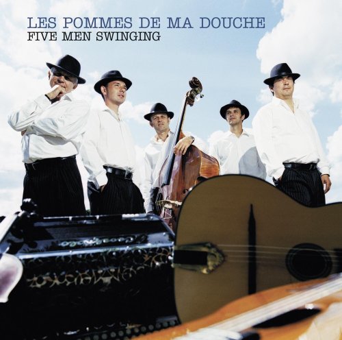 Five men in hats with a double bass and guitar.