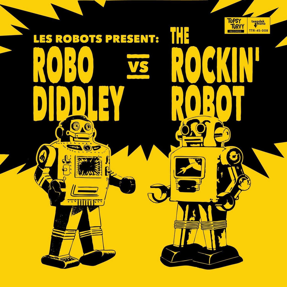 Vinyl record of "Les Robots - Robo Diddley Vs The Rockin Ro" with colorful cover art.