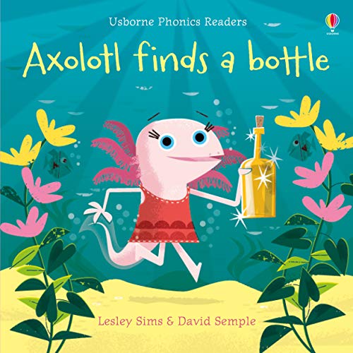 Pink axolotl in red dress holds a golden bottle underwater.