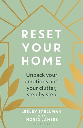 Book cover with title "Reset Your Home" and gold leaf illustrations.