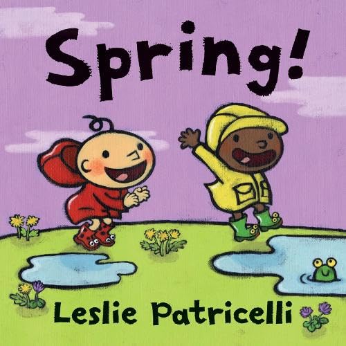 Book cover with two children jumping in puddles on a green field.