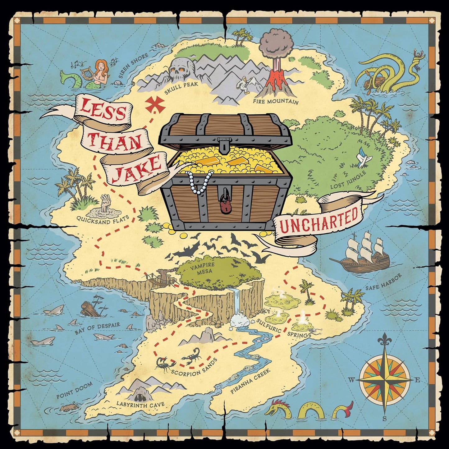 “Less Than Jake - Uncharted” vinyl album cover, a colorful illustrated treasure map.