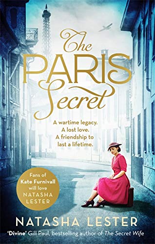 Book cover: woman in red dress sits on suitcase, Paris background.
