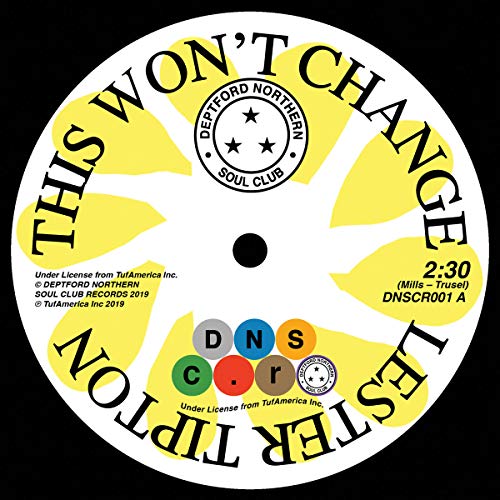 Vinyl record label with yellow petal design, text, and Deptford Northern Soul Club logo.