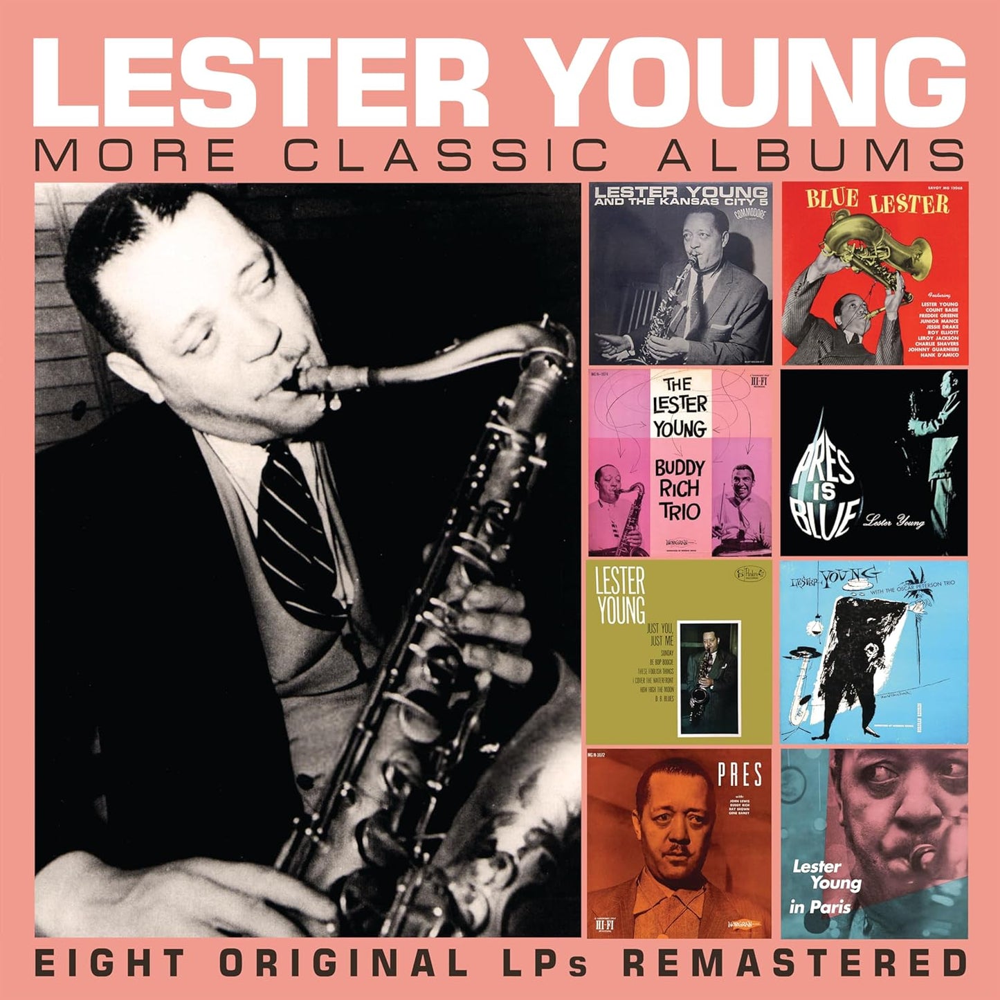 Lester Young playing saxophone on a collage of eight classic jazz album covers.