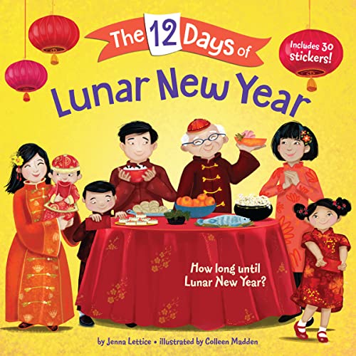 Book cover depicting a family celebrating Lunar New Year with food and lanterns.
