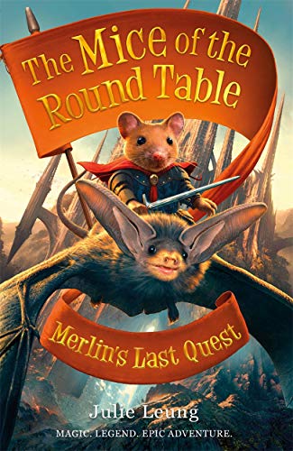 Mouse knight riding a bat, book cover for "Merlin's Last Quest".