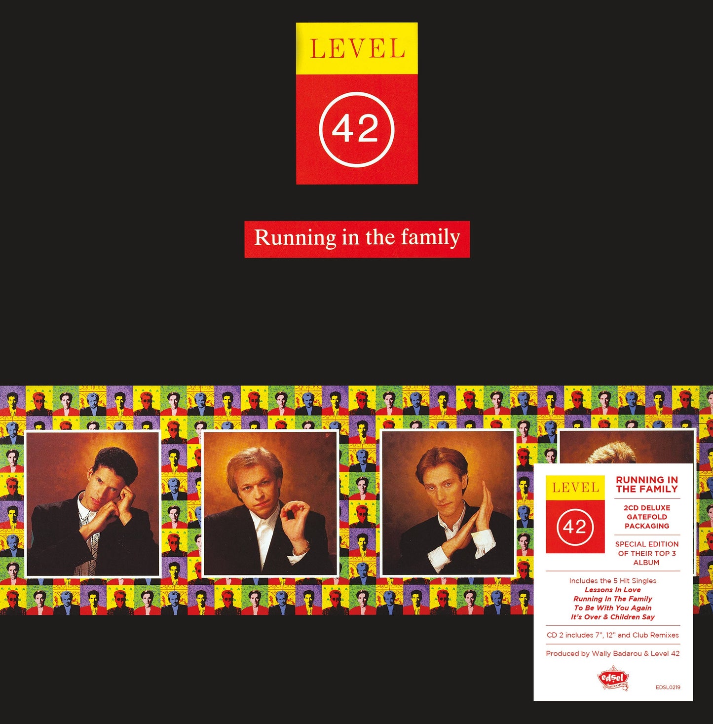 Level 42 Running in the Family album cover with band member portraits on black background.