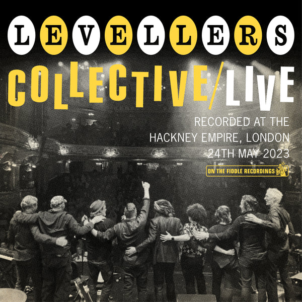 The Levellers band members stand on stage with arms around each other facing audience.