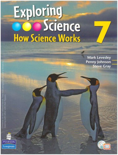 Exploring Science" Year 7 student book cover with penguins and a sunset.