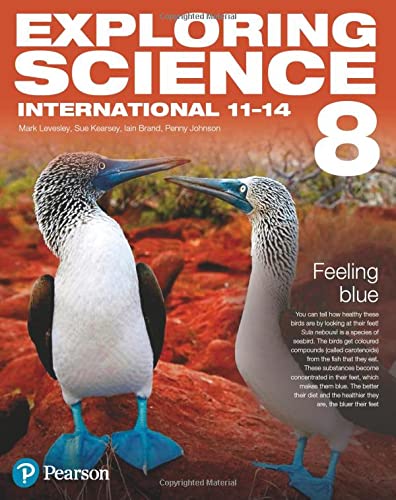 Exploring Science International Year 8 textbook cover featuring two blue-footed booby birds.