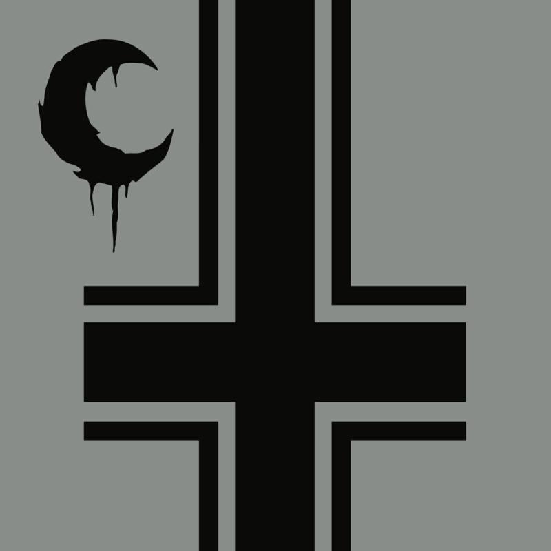 Black crescent moon and cross symbol on a gray background.