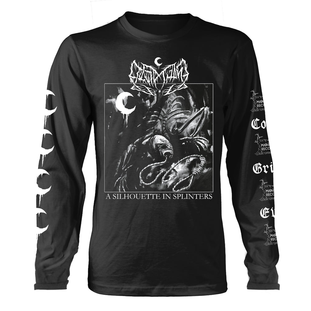 Black long-sleeve shirt with a central graphic of a skeletal figure and moon.