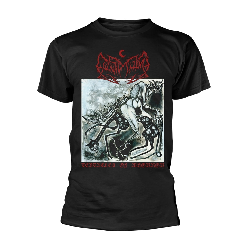 Black t-shirt with a white and black graphic of a demonic figure.