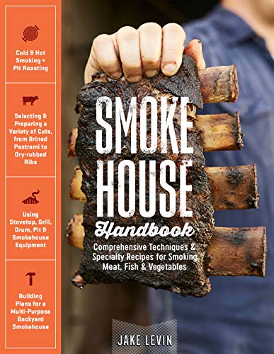 Book cover: "Smokehouse Handbook" with a rack of ribs and cooking information.
