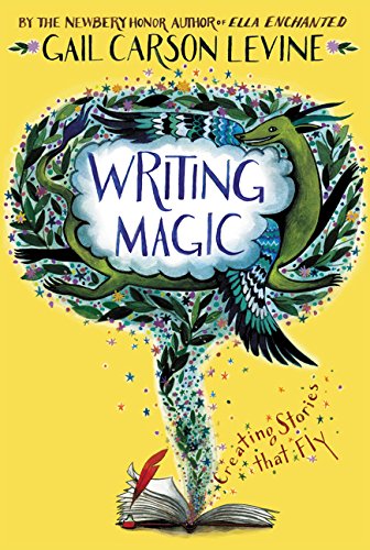Book cover: “Writing Magic” with a dragon and floral design.
