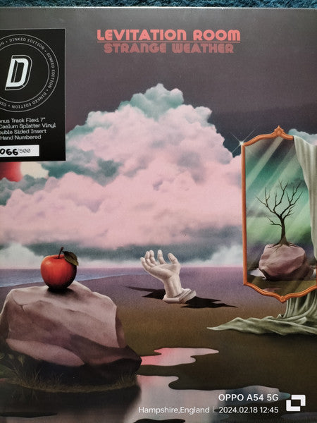 Vinyl album cover: surreal landscape with apple, hand, and mirror.