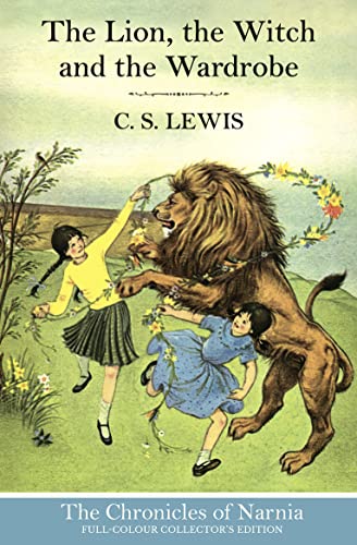 Book cover: lion, children, and flowers with title “The Lion, the Witch and the Wardrobe.”