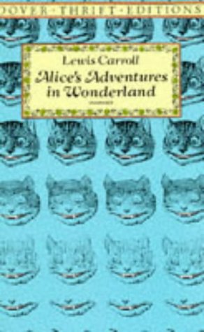 Book cover of Alice's Adventures in Wonderland with a blue Cheshire Cat pattern.