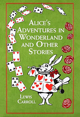 Book cover featuring the White Rabbit, playing cards, and red roses on green background.