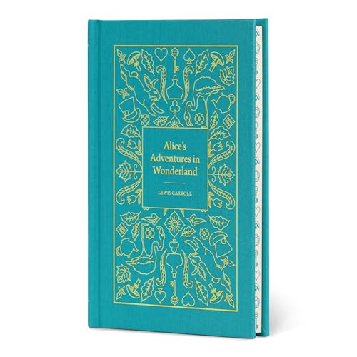 Teal hardcover book with gold foil illustrations of Wonderland motifs and title text.