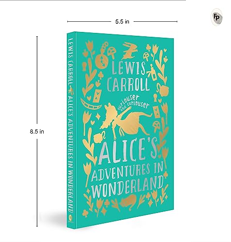 Teal hardbound book with gold foil illustrations of Alice and Wonderland motifs.