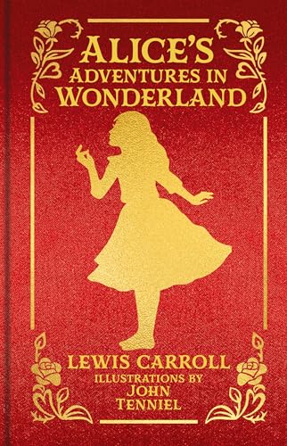 Red book cover with gold foil silhouette of Alice and floral border designs.