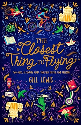 Book cover with illustrated figures, bicycles, and ornate floral designs.