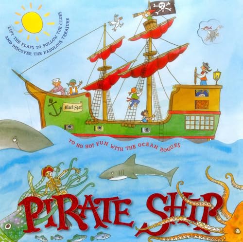 Green pirate ship with red sails, pirates, and sea creatures.