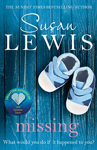 Book cover: "Missing" by Susan Lewis, featuring baby shoes.