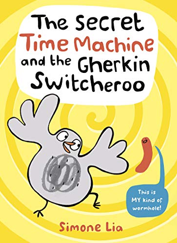 Book cover: a grey bird, a pickle, and swirling yellow background.