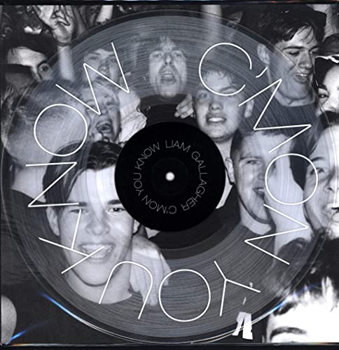 Black vinyl record with Liam Gallagher’s album art featuring crowd photos.